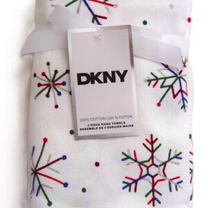 DKNY Set of 2 Hand Towels Christmas Colorful Metallic Snowflake 100% Cotton NWT